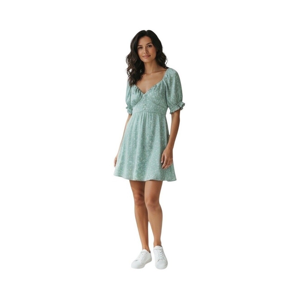 Wild Fable Women Mini Dress XS Sage Green Floral Jacquard Puff Sleeve Smocked
